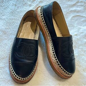 Authentic CHANEL Black Leather Platform Woven Flats Espadrilles EXCELLENT 37 / 7